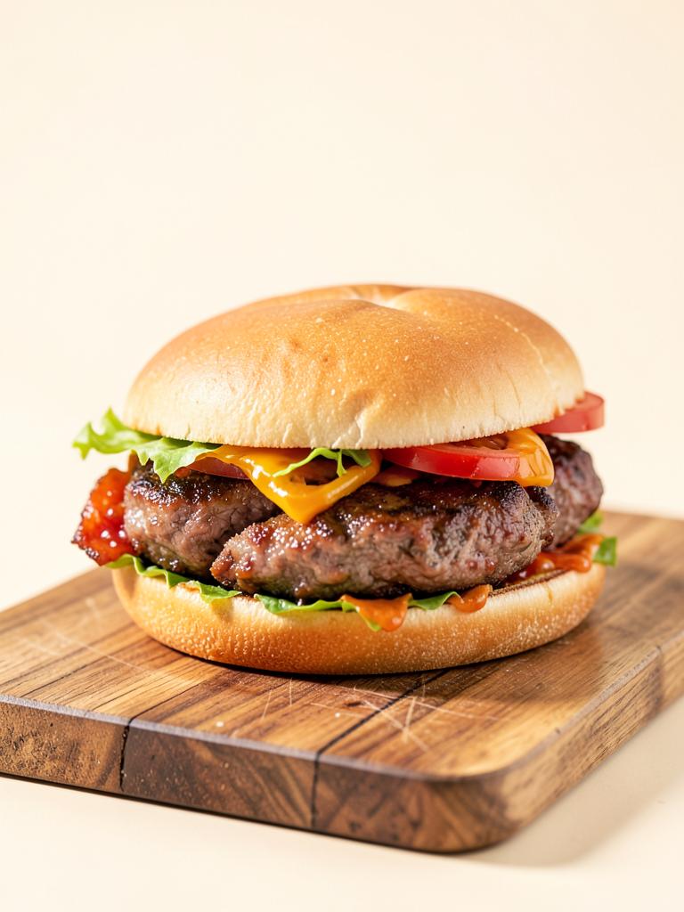 Hamburguesa en tabla de madera