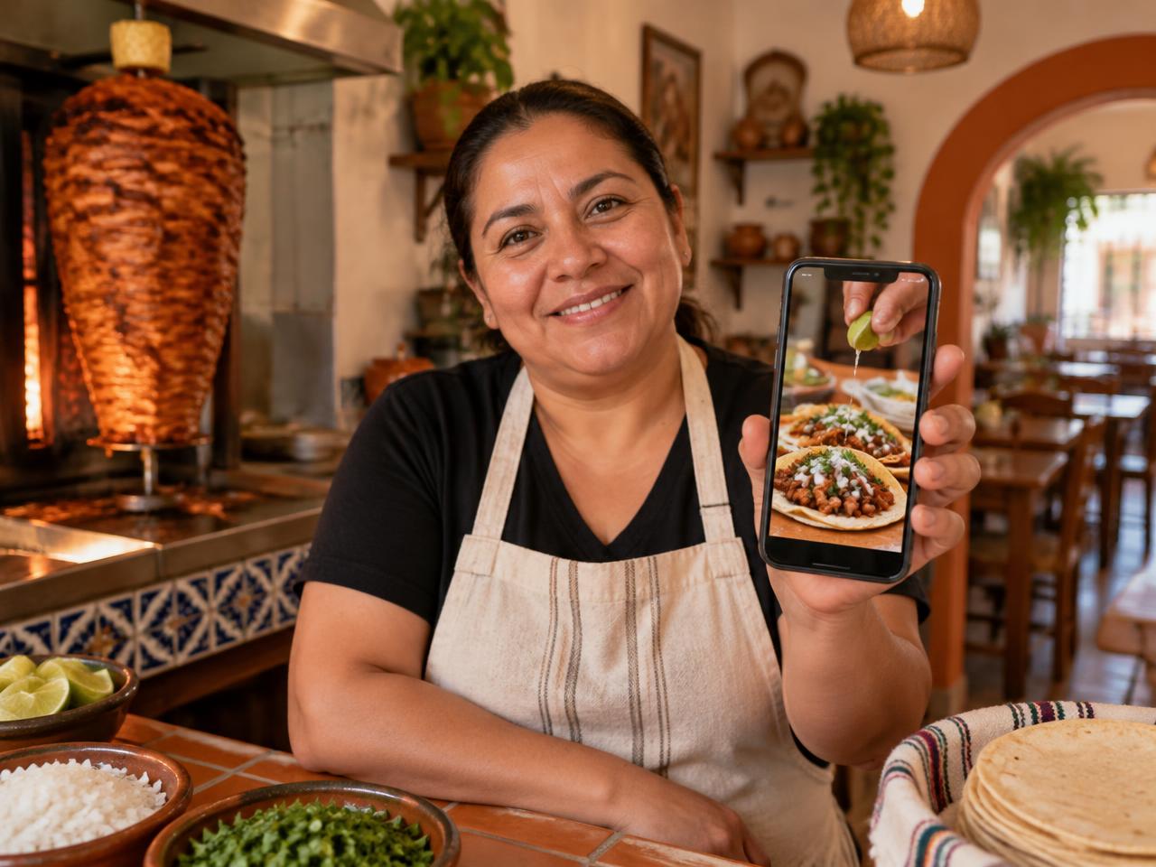 Dueña de un negocio mostrando en su celular el anuncio en video de su comida